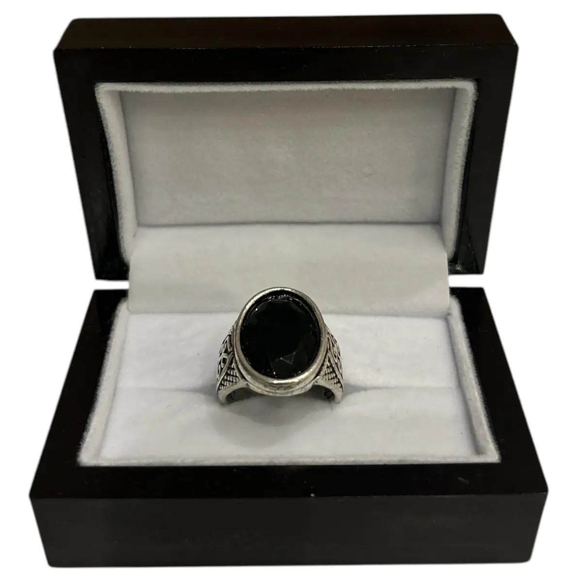 Silver Ring with Black Stone with Wooden Box- perfect for Gift