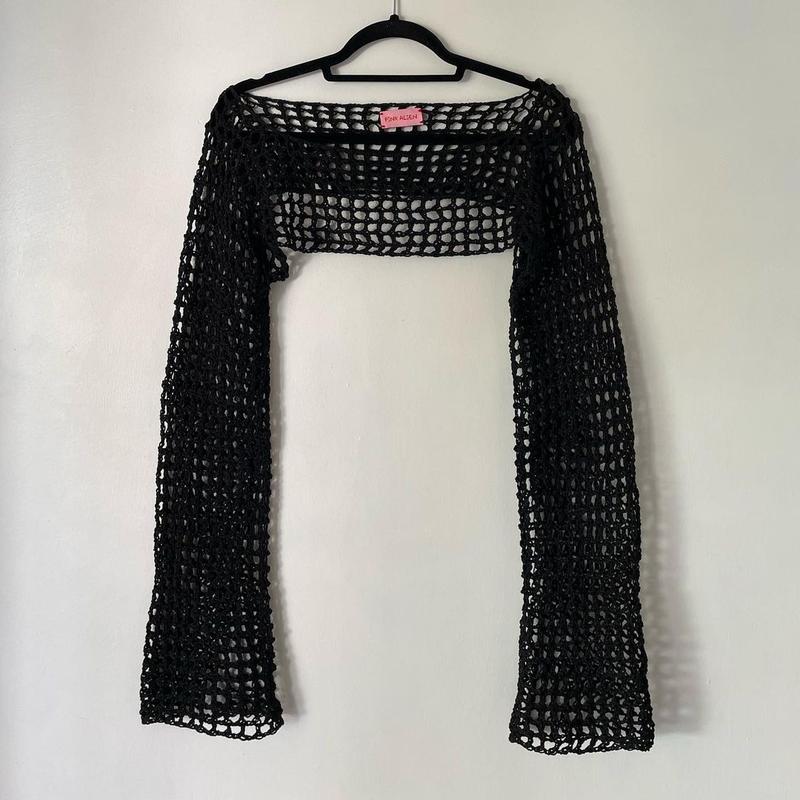 Product Introduction of Women Big Fishnet Long Sleeve Cropped Sweaters Summer Fashion Lady O-Neck Flare Sleeve Hollow Out Short Knitted Pullovers Knitwear Womenswear 4