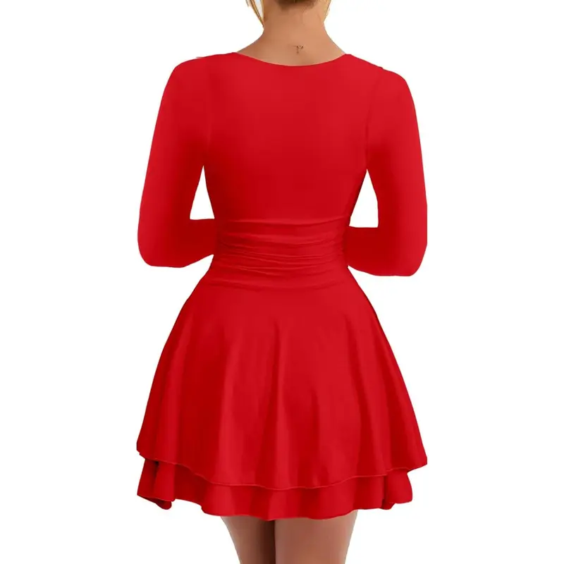 Kaximil Women's Square Neck Ruffle Hem Mini Dress Ruched Waist Long Sleeve Corset Short Party Dresses Formal Womenswear 8