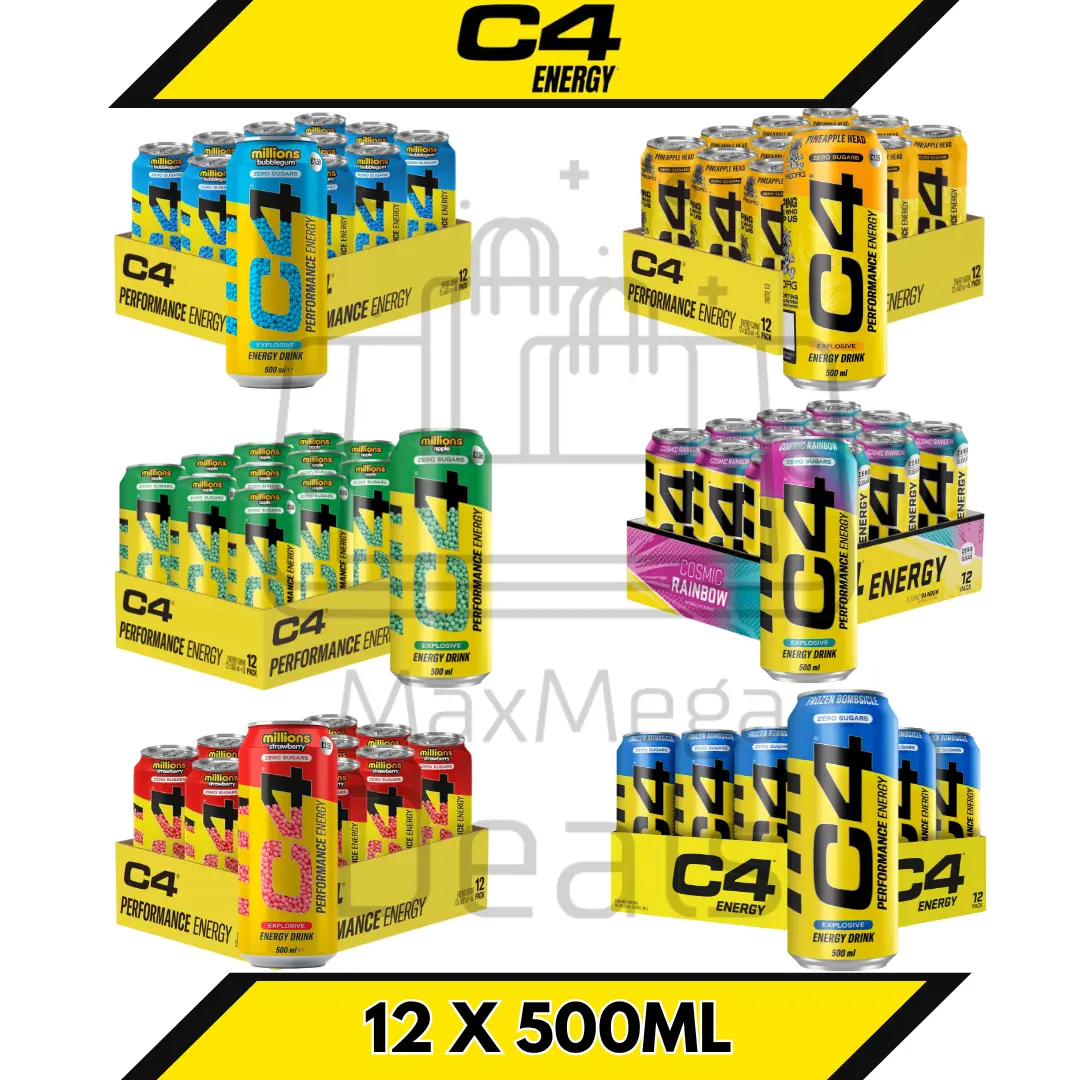 C4 Energy Bulk Pack 12 X 500ML Full Variety Beverage Sport Drink Cellucor | Apple Millions, Bubblegum Millions, Pineapple Head, Cosmic Rainbow, Strawberry Millions & Frozen Bombsicle (12 X 500ML)