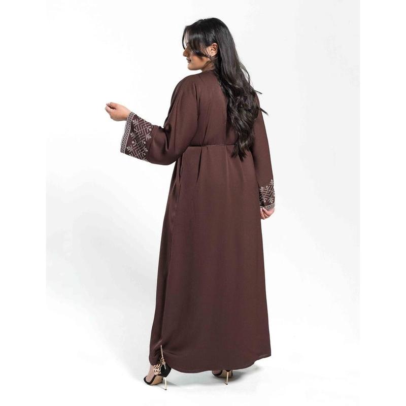 Open Brown Abaya with White Embroidery 1