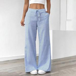 Women's Bottoms Slant Pockets Wide Leg Pants, Casual Striped Print, Flowy Drawstring Waist Design, Spring & Summer Wardrobe, Women Fashionable Clothing, Lightweight Breathable Fabric, Effortless Chic Baggy Pants Comfortable Womenswear Trouser Style 2025