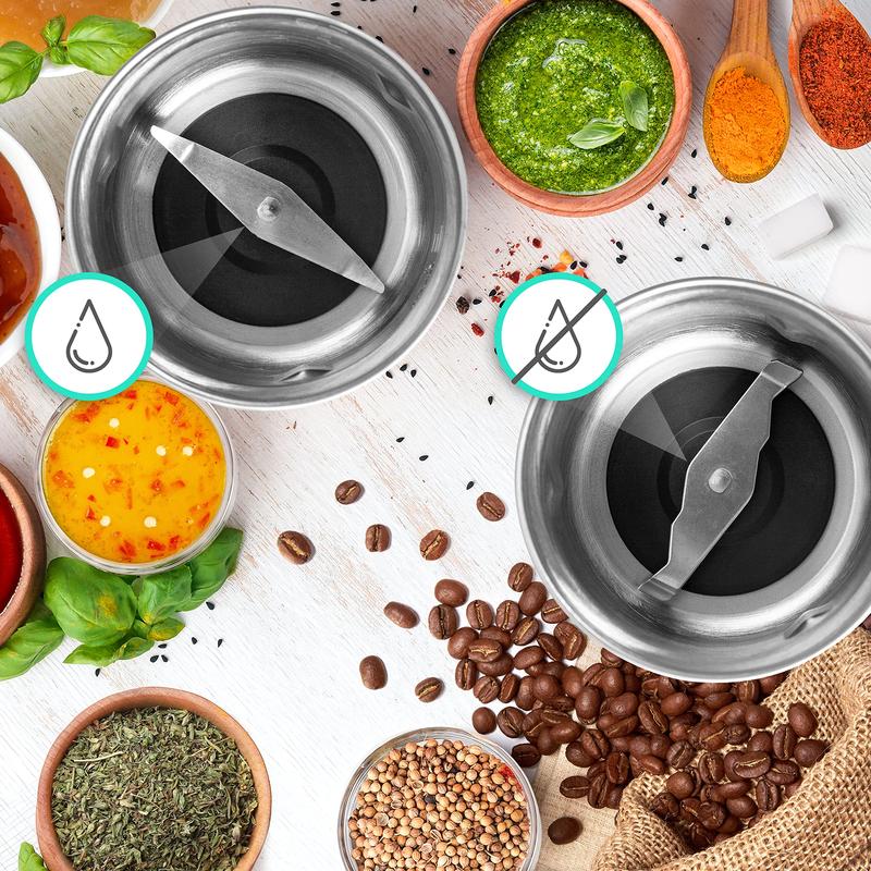 Duronic Electric Blade Coffee Grinder CG421, 2 in 1 Spice Grinder Kitchen Machine, Wet & Dry Grinding Mini Mill Hopper, 75g/220ml, 200W, 2x Stainless Steel Cups for Beans, Herbs, Nuts 2