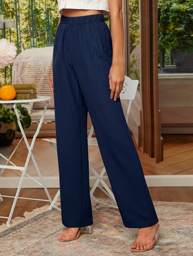 Product Introduction of Elegant Women's Navy Blue Straight-Leg Pants - High-Waisted, Textured Fabric with Elastic Waistband, Machine Washable, All-Season Comfort 19