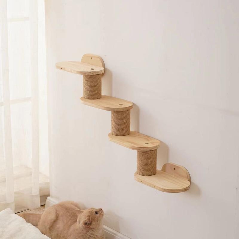 Multi-Level Wooden Cat Climbing Frame with Sisal Scratching Posts – Wall-Mounted Cat Condo & Jump Platform for All Seasons, Natural Wood Finish, Perfect for Indoor Cats, Cat Wall Climbing System 0