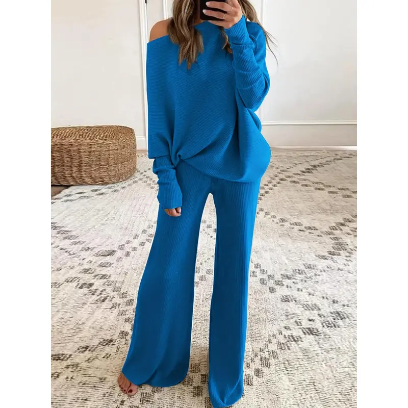 Elegant Knit Co-ord Set - Sweater Co-ords with Long Batwing Sleeves, One-shoulder Design, Drawstring Waist, and Wide Leg Pants - Soft, Comfortable, and Chic Women's Clothing Outfit for Casual Occasions 2