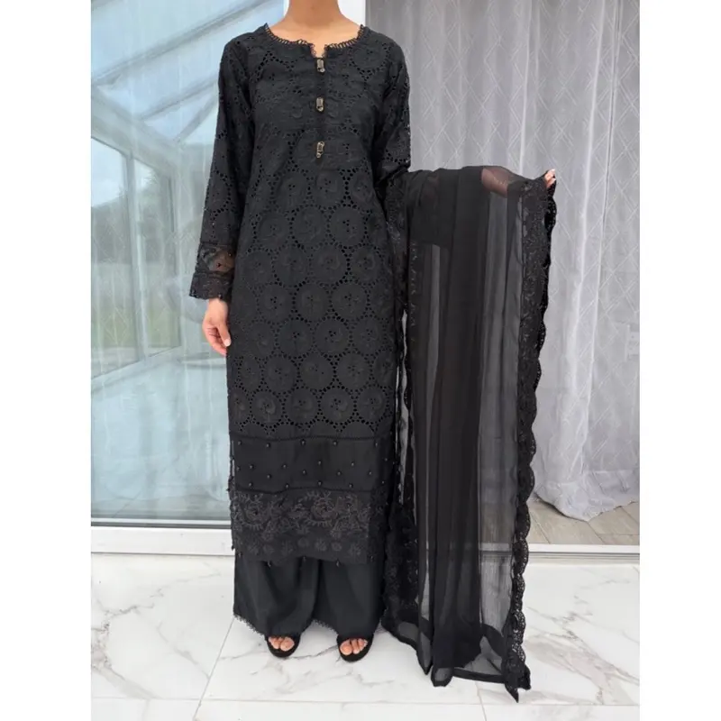 Embroidered Linen Chikan Kari kameez with embroidered chiffon dupatta and plazo/Farshi shalwar - Womenswear 3