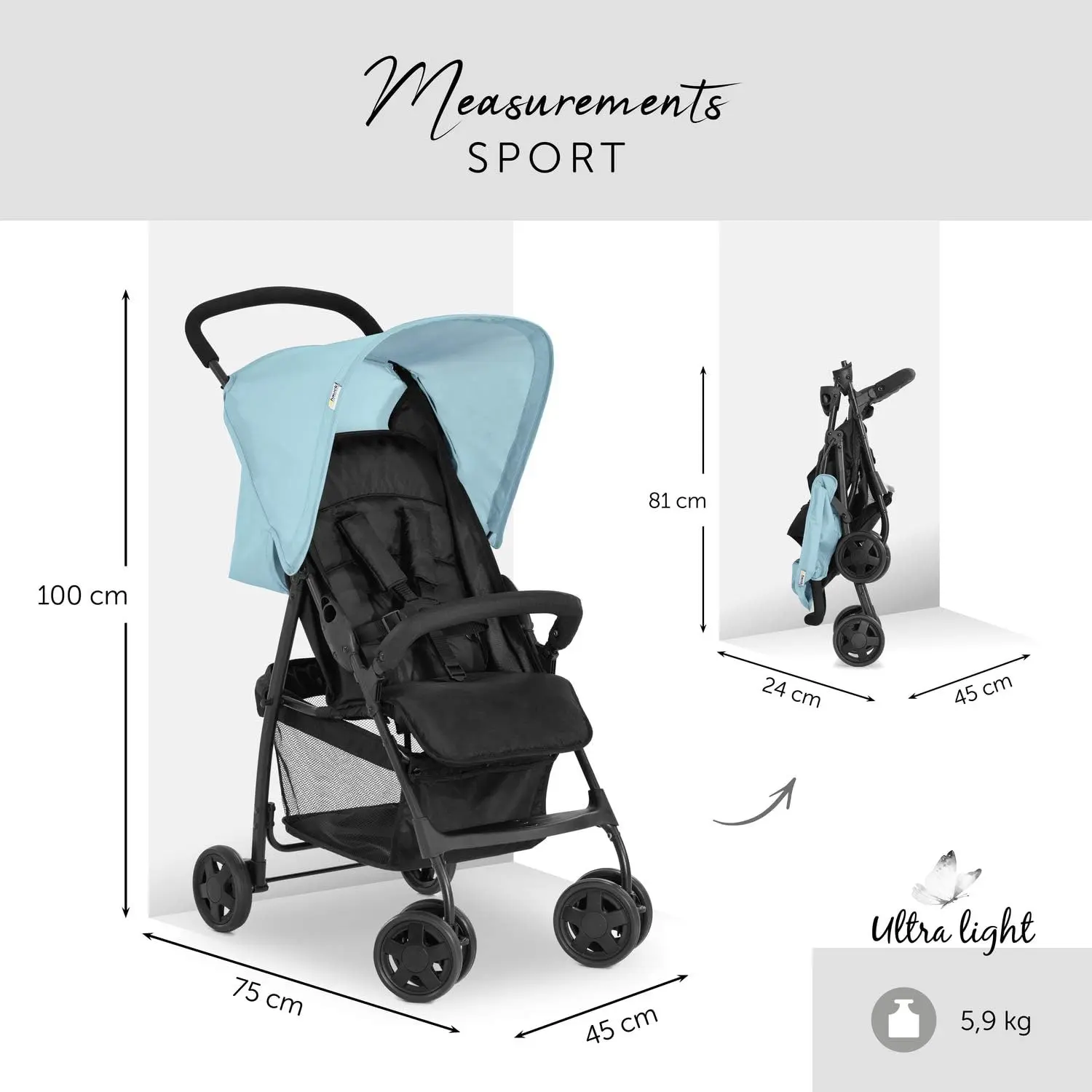 Blue - Super Lightweight Travel Pushchair (only 5.9 kg), Compact & Foldable, Fully Reclining, XL Storage Basket, from Birth up to 15 kg