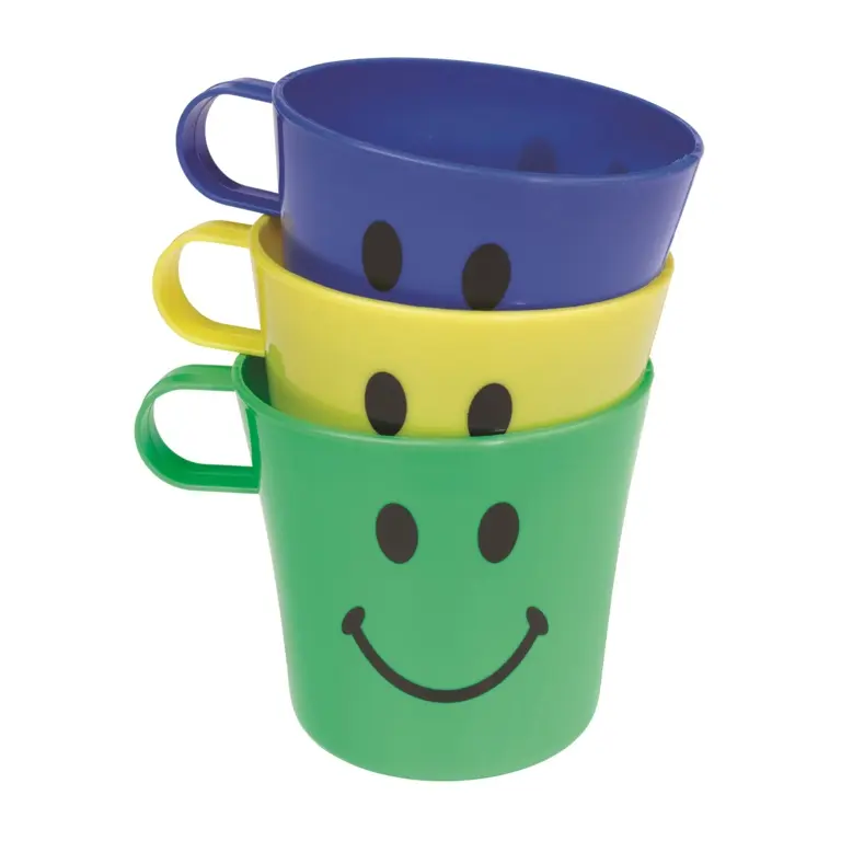 Set of 3 Children's Smiley Face Plastic Cups Mugs Beakers Drink Travel Kitchen Drinkware Tumbler