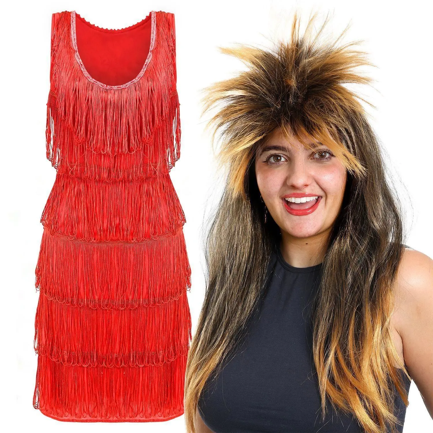 Tina Turner Wig & Dress Outfit Set Fancy Dress Womenswear Casual Chic Clothing Comfort Fancy Dress Outfit Costumes Day Evening Fringe