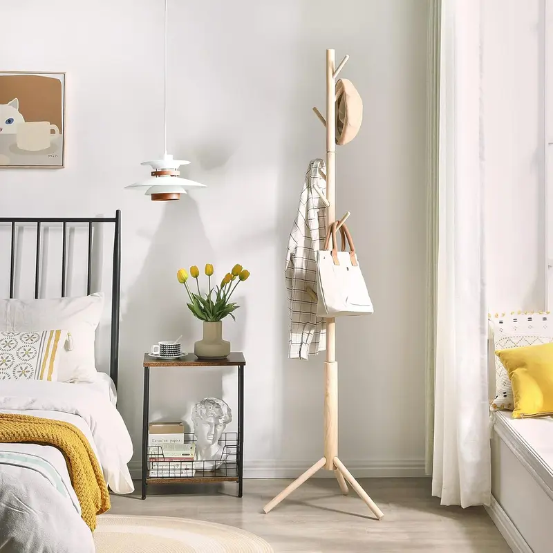 Coat Rack Freestanding, Wooden Coat Rack with 8 Hooks, Adjustable Hall Tree for Entryway, Living Room, Hallway, Bedroom, Coat Hanger for Hat, Handbag, Clothes, Purse, Umbrella, Natural, HCR001N 3