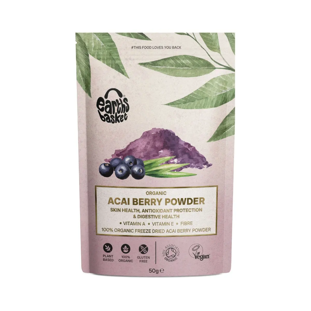 Earths Basket Organic Acai Berry Powder 50g, Skin Health, Digestive health & Imune support Adult Child Gluten Free Organic Healthcare Dietary Edible Iron Fitness Supplement Adult Child Gluten Free Organic Dairy Free Blood Pressure Control