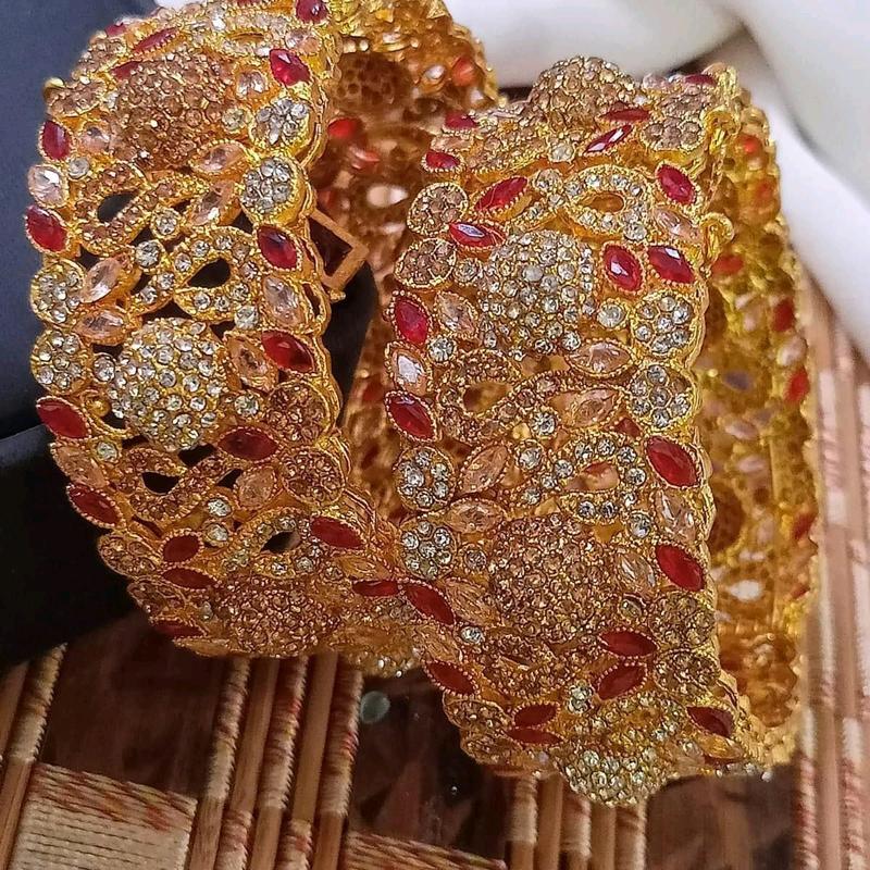Pakistani Original Gold Plated Kara set with AD and crystal stones work for size 2.6-2.8". 3