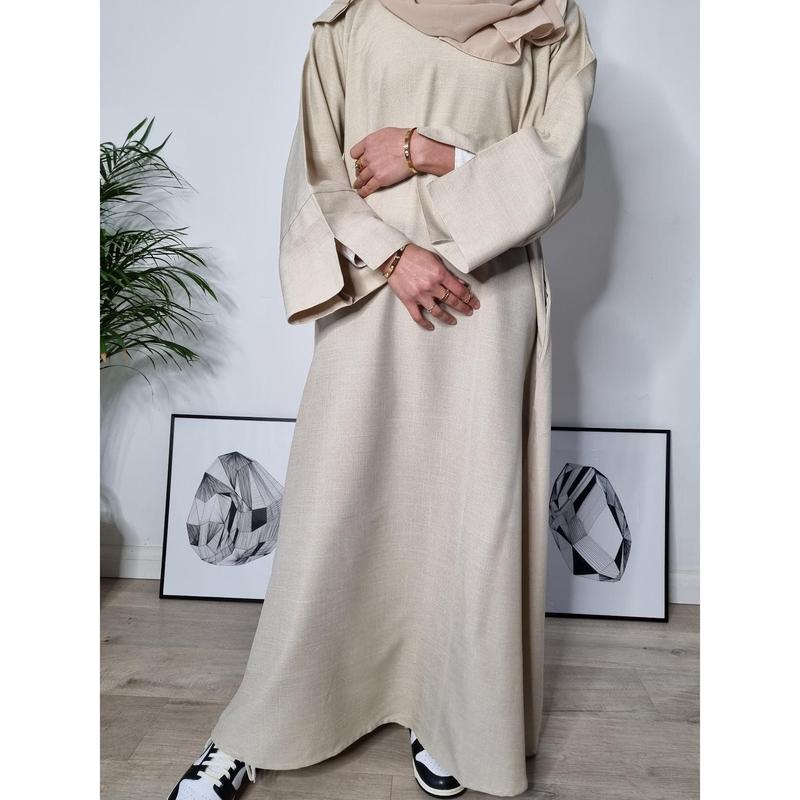 Premium Linen Pocket Abaya with Scarf - Black, Beige, Green, Camel and Grey, Olive abayas 1