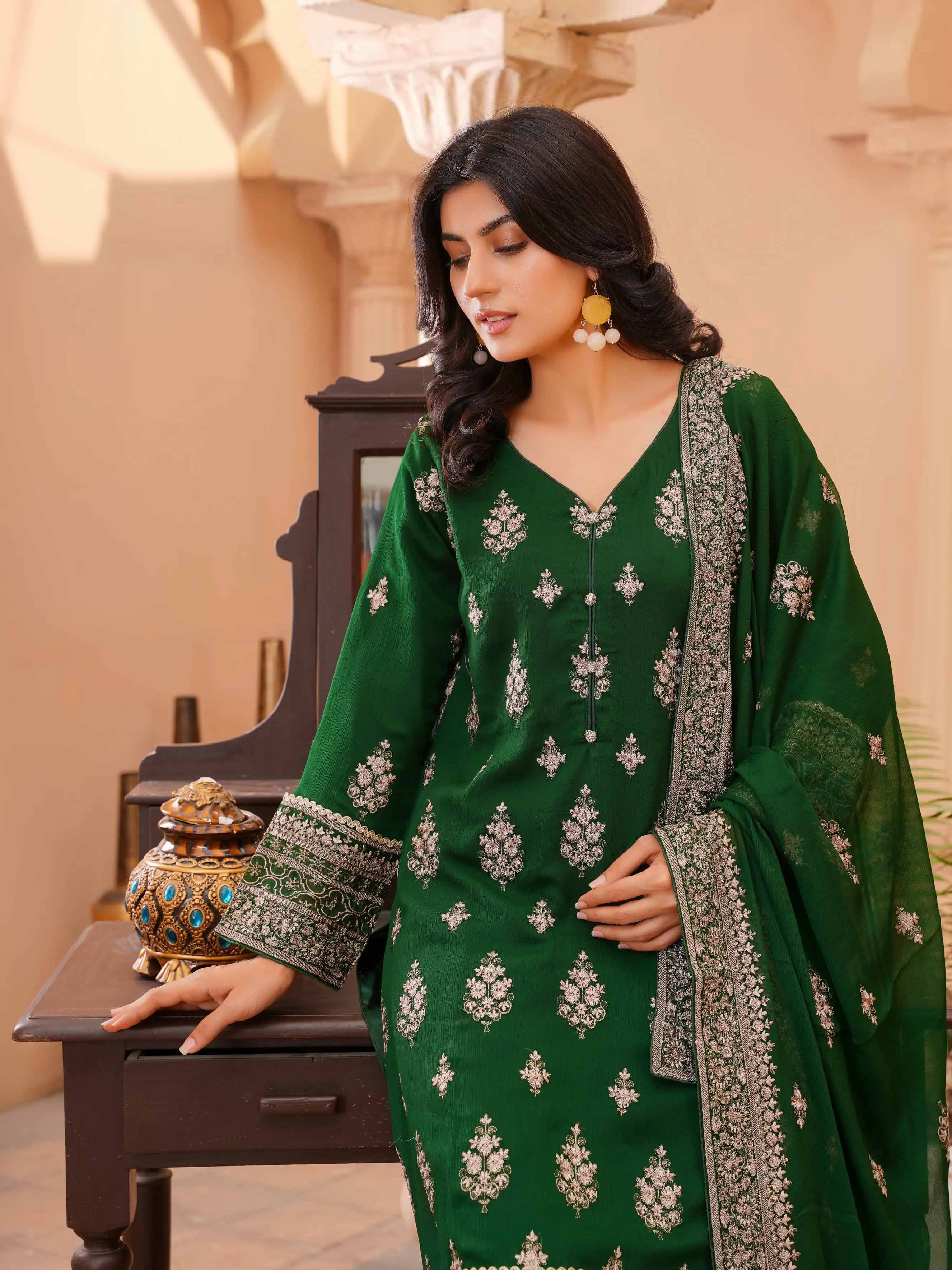 Chiffon Formal suit  Bottle green