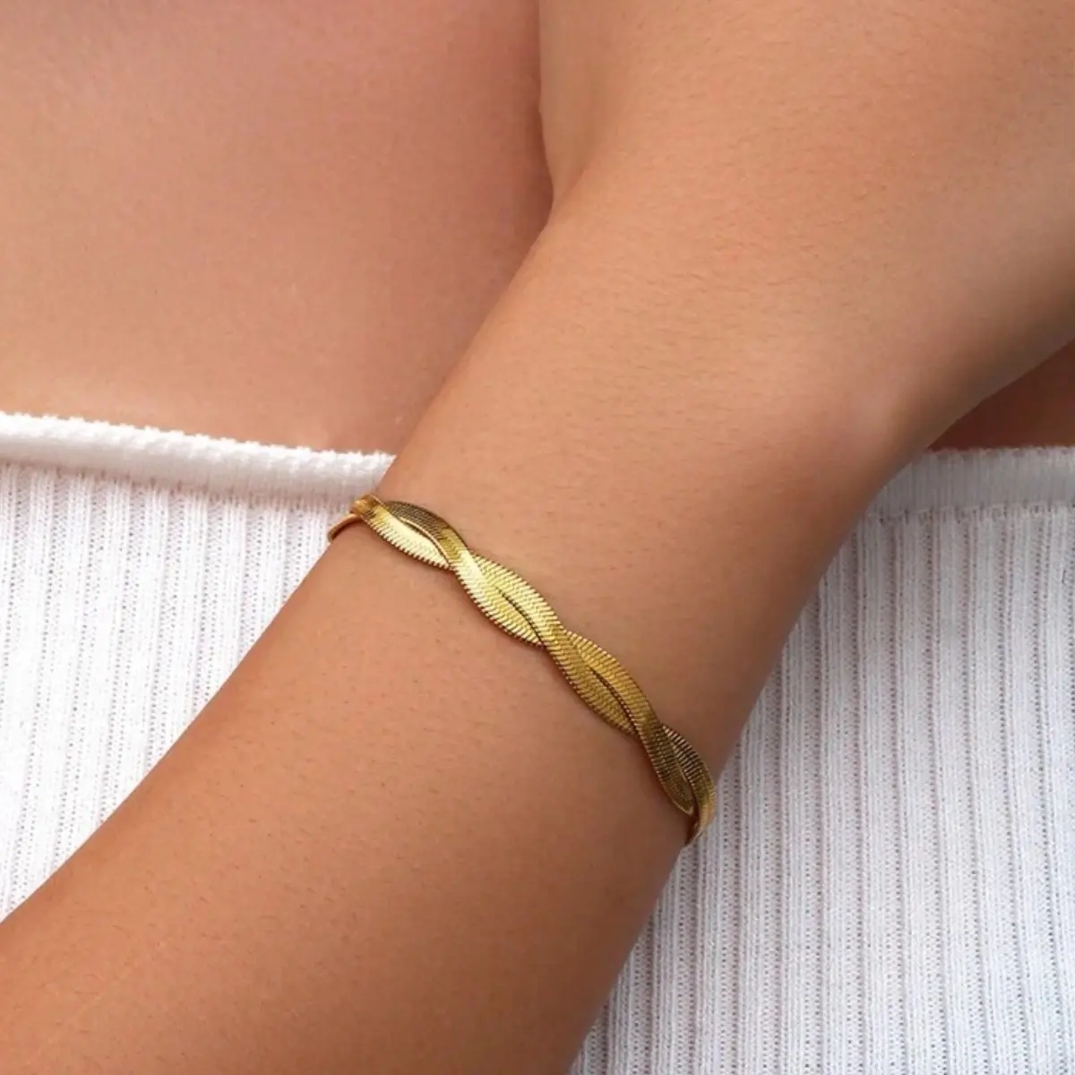 18K Gold Plated jewellery for women Stainless Steel Jewelry 1pc Fashion Design Gold Silver Color Braid Blade Chain Bracelet For Women Luxury Accessories Valentine's Day Best Friend Gift Western Style