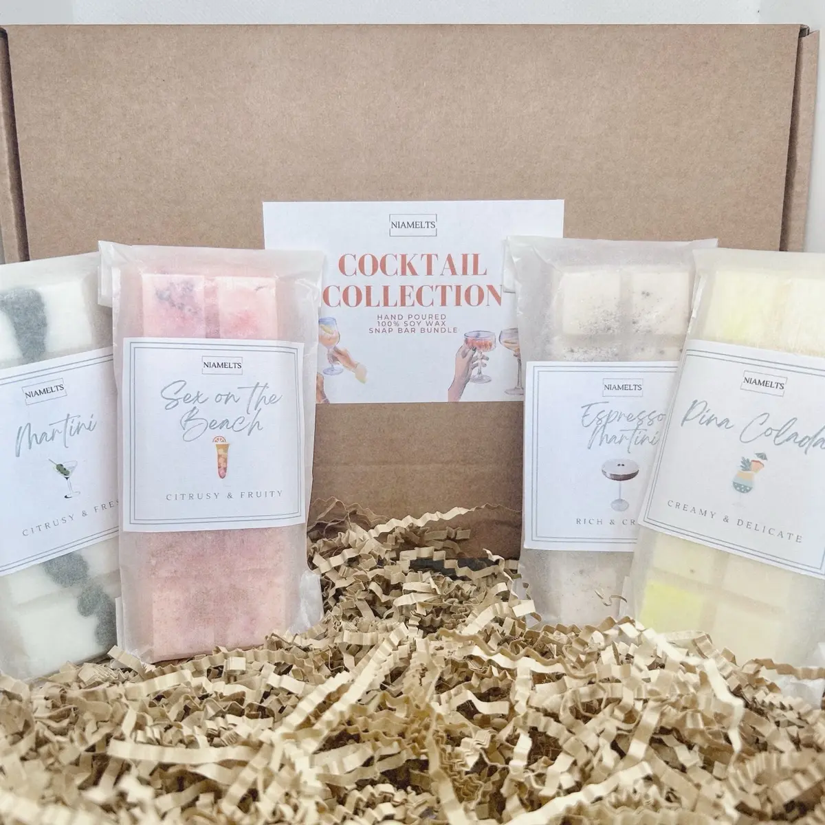 Cocktail Wax Melt Snap Bar Bundle | 100% Soy Wax - 4 Snap Bars, Highly Fragranced, Long Lasting, Home Fragrance, Vegan & Cruelty Free, Perfect Birthday Hen Do Gift, Mango, Peach, Lime Wax Melts
