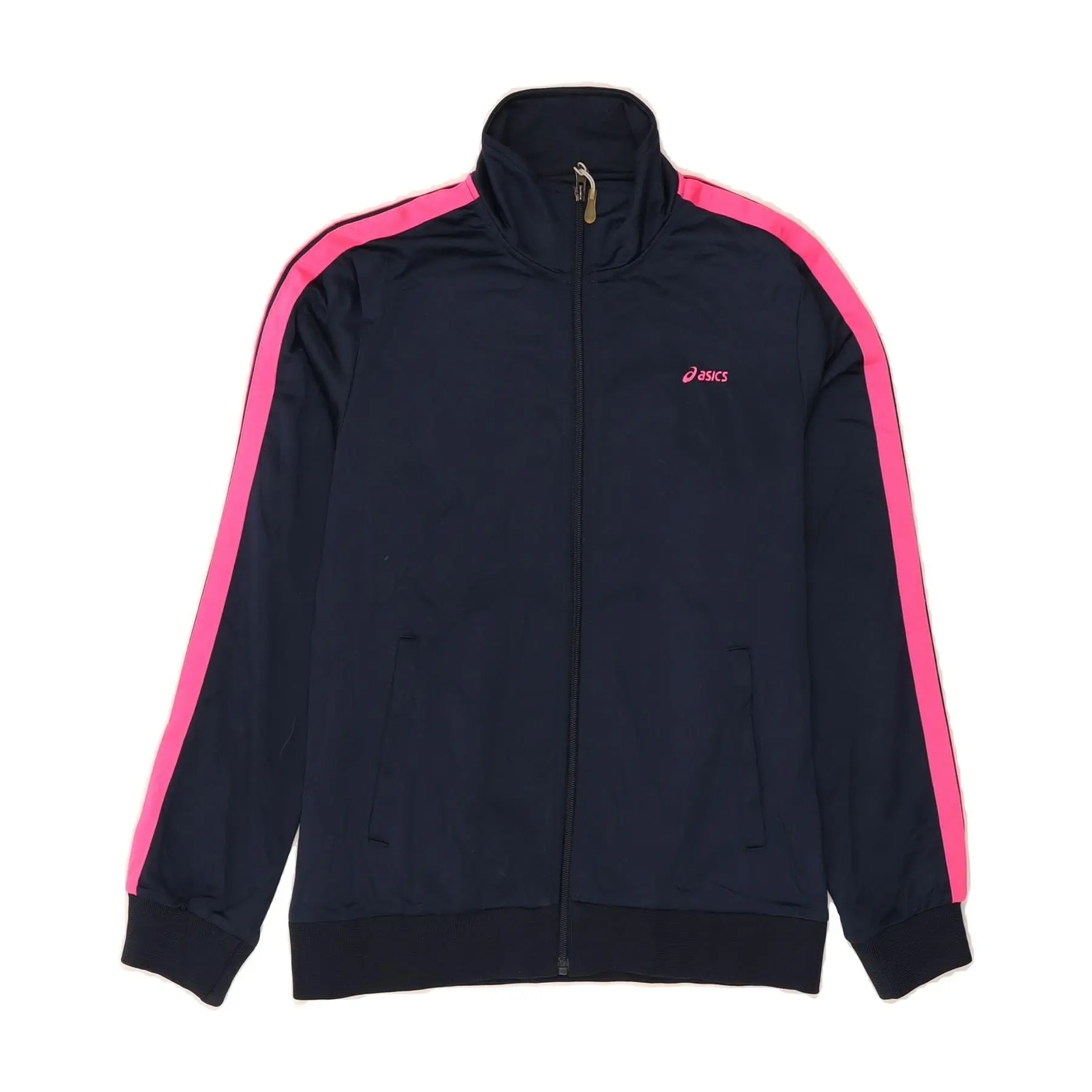 Pre-Owned Vintage ASICS Womens Tracksuit Top Jacket UK 14 Large Navy Blue Colourblock