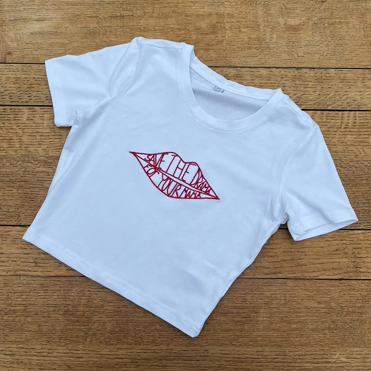 Save the Drama for your mama crop top, baby tee, baby tee  Summer Womenswear Tshirt Round Neck Casual Shortsleeve Embroidered