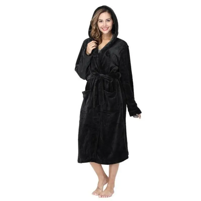 Women Solid Pocket Belted Hooded Robe, Casual Long Sleeve Fuzzy Dressing Gown for Daily Wear, Women Sleepwear for Fall Winter, Cold Weather Gear