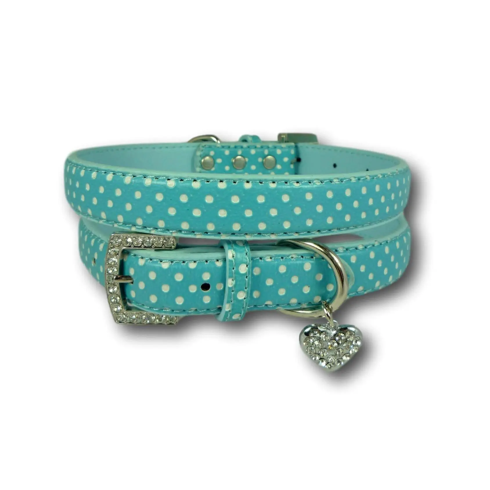 Polka Dot Dog Collar with Heart Charm Blue