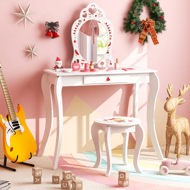 COSTWAY 2-in-1 Kids Vanity Set with Mirror and Drawer 3