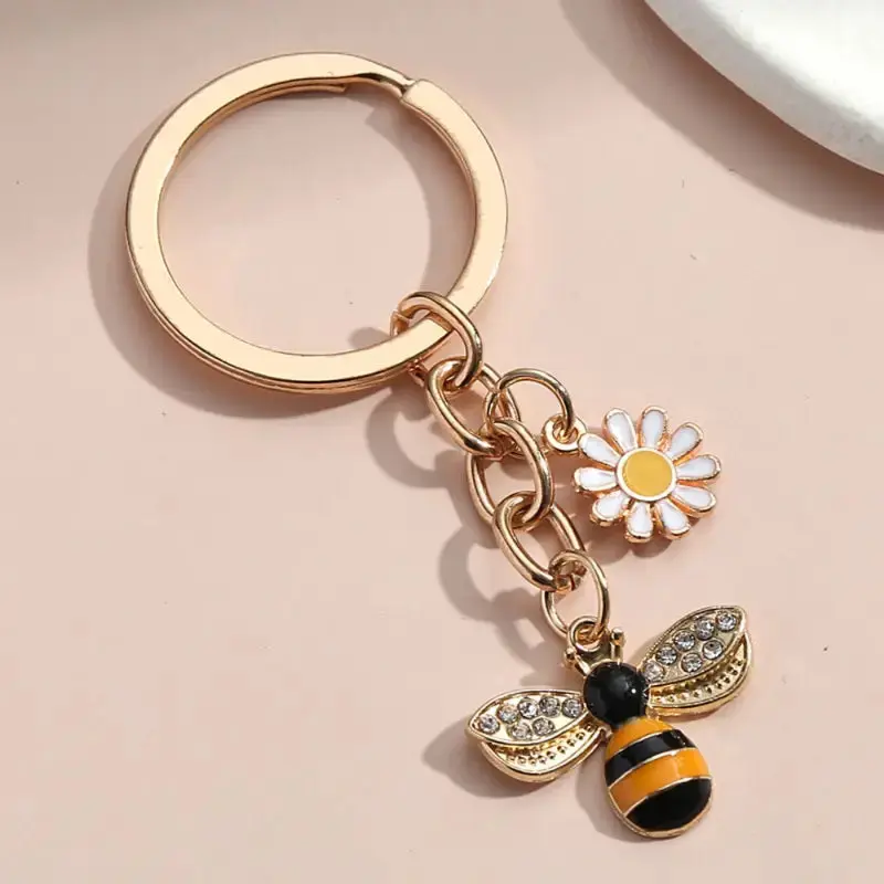 Tied By Love® Bee Honey Daisy Charm Rhinestone Keyring Bee Lovers Metal Keychain Gift