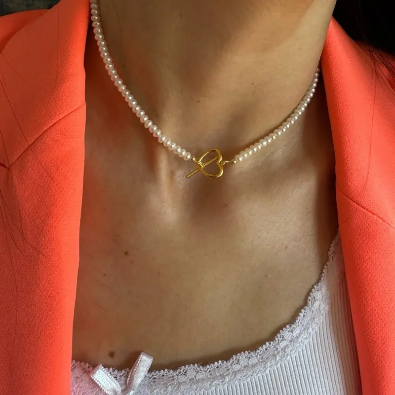 Freshwater real pearls choker necklace with sterling silver heart toggle clasp, Natural pearls custom layering  choker, Gift for mother, friend 5