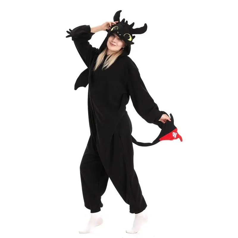 Unisex's Dragon Pattern Drop Shoulder Zipper Polar Fleece Jumpsuit, Cute Long Sleeve Pocket Halloween Party Costumes for Women & Men, Unisex's Dragon Toothless Onesie Pajamas Clothing for Fall & Winter 5
