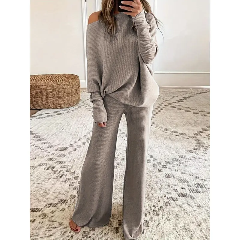 Elegant Knit Co-ord Set - Sweater Co-ords with Long Batwing Sleeves, One-shoulder Design, Drawstring Waist, and Wide Leg Pants - Soft, Comfortable, and Chic Women's Clothing Outfit for Casual Occasions 0