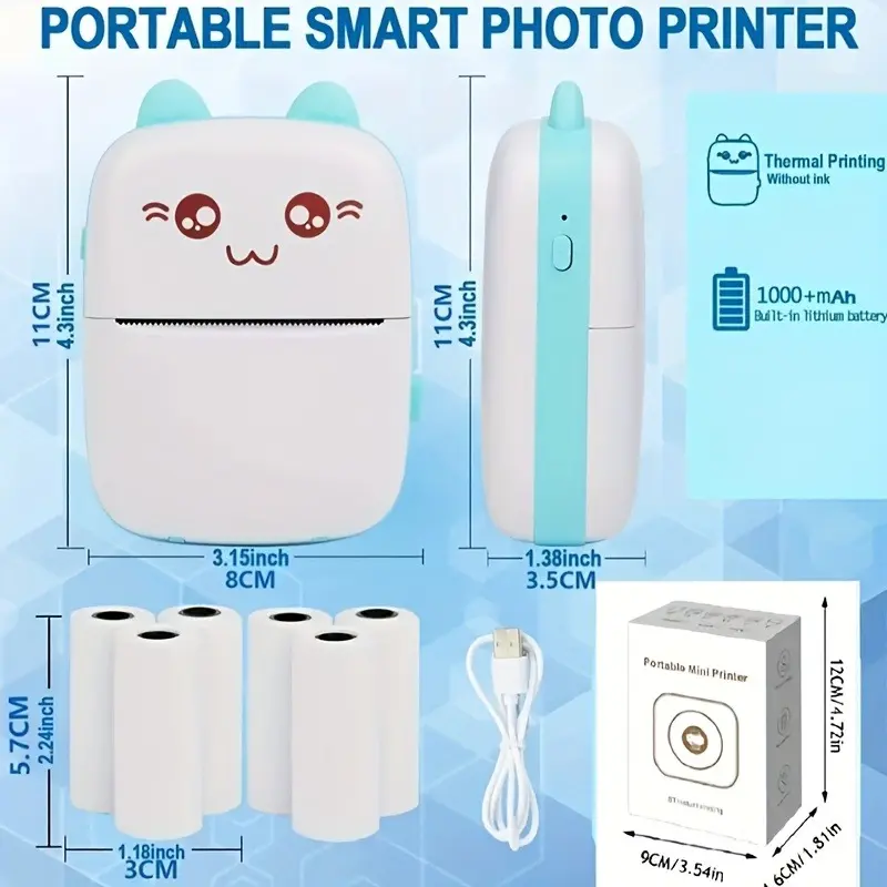 Portable Mini Thermal Printer - USB-Powered, 5 Rolls Self-adhesive Printing Paper,Cute Animal Design for Photos & Labels, Ideal for Travel, School, Office - Perfect Gift for Birthdays, Anniversaries 1