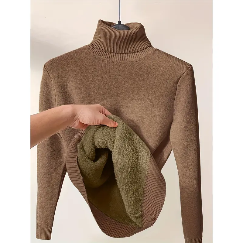 Solid Turtle Neck Pullover Sweater, Casual Long Sleeve Thermal Sweater For Fall & Winter, Women's Clothing 2