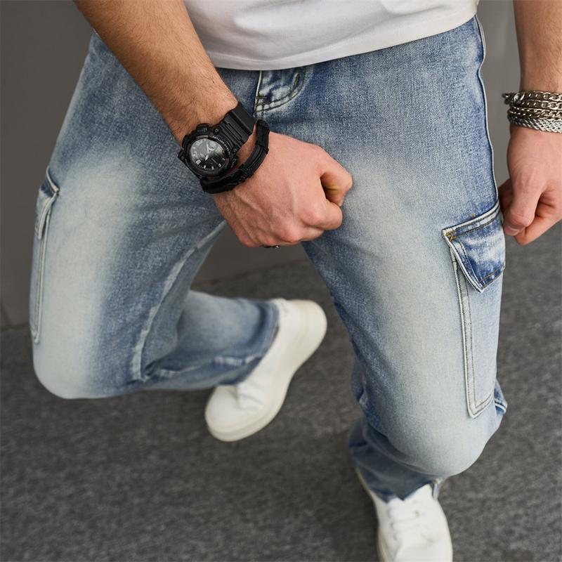 Product Introduction of Men Multiple pockets Cargo Jeans Stylish Streetwear Male Loose Carpenter Straight Casual Denim Pants 12