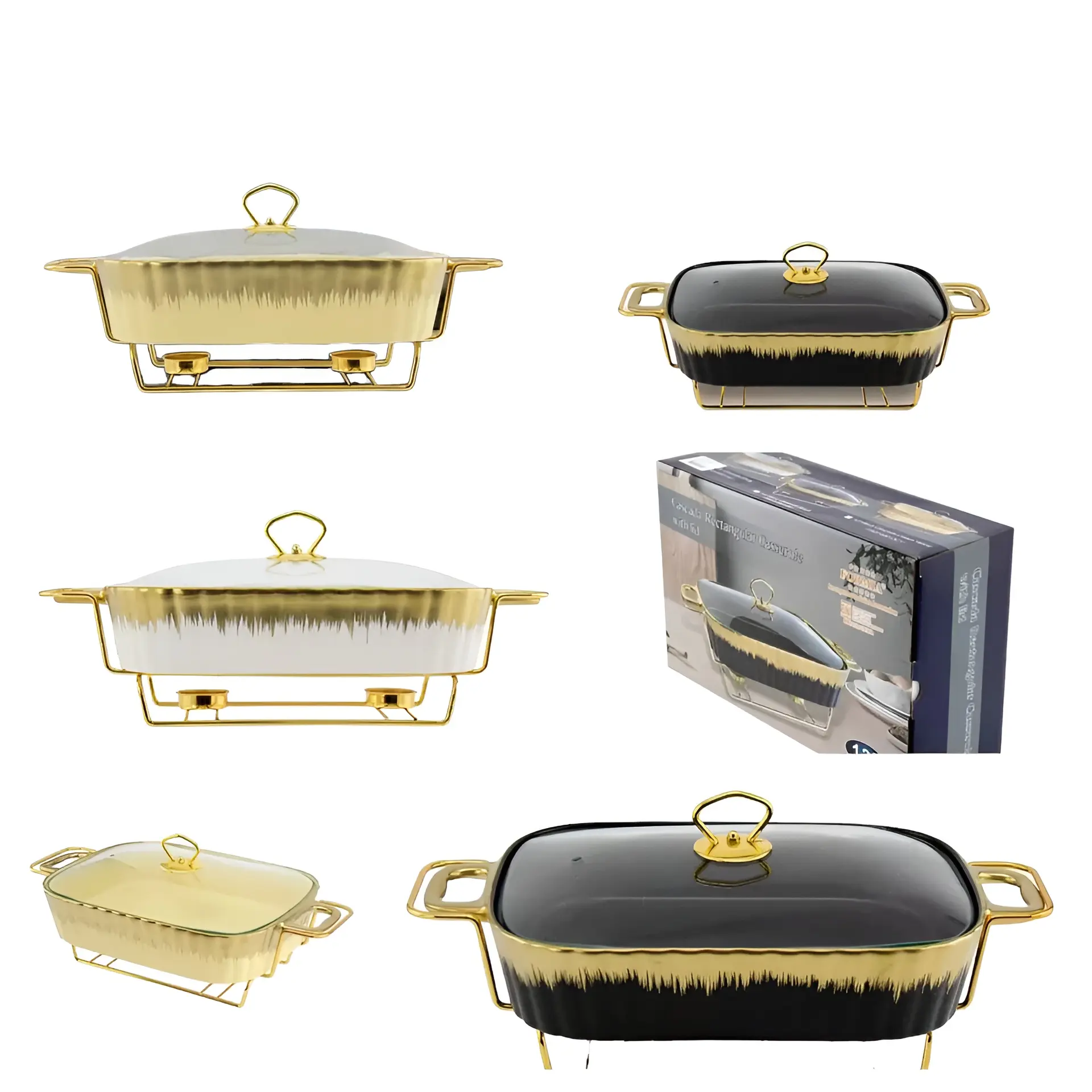 Luxury Ceramic Chafing Dish Buffet Food Warmer with Gold Wire Stand & Tealight Holder | Elegant Serving Dish for Weddings, Parties & Special Occasions | Keeps Food Warm & Delicious Plates
