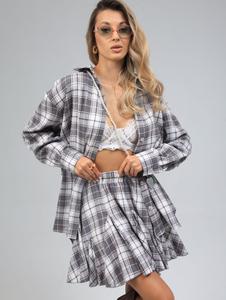 Women's plaid shirt and high-waisted skirt, loose fit, long sleeve, short skirt, oversized shirt, casual outerwear for daily wear. Autumn fashion — warm shirt, sporty skirt and shirt, spring blouse, comfortable shirt, evening outfit, going-out wear