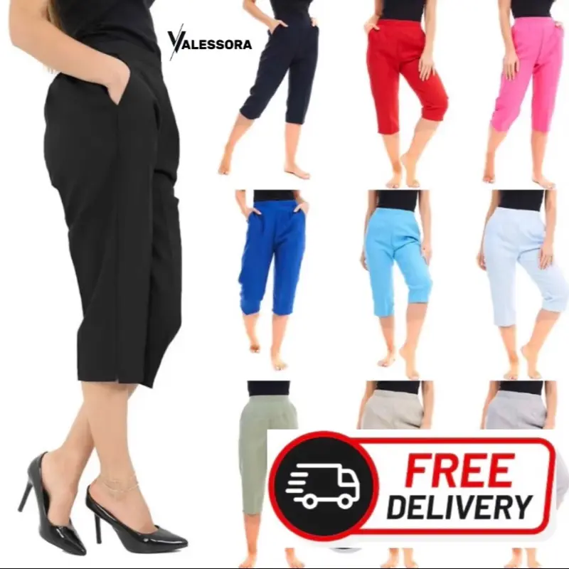 Ladies Cropped Trousers with Half Elasticated Waist, 3/4 Length, UK Sizes 8-24 - Womenswear, Pants