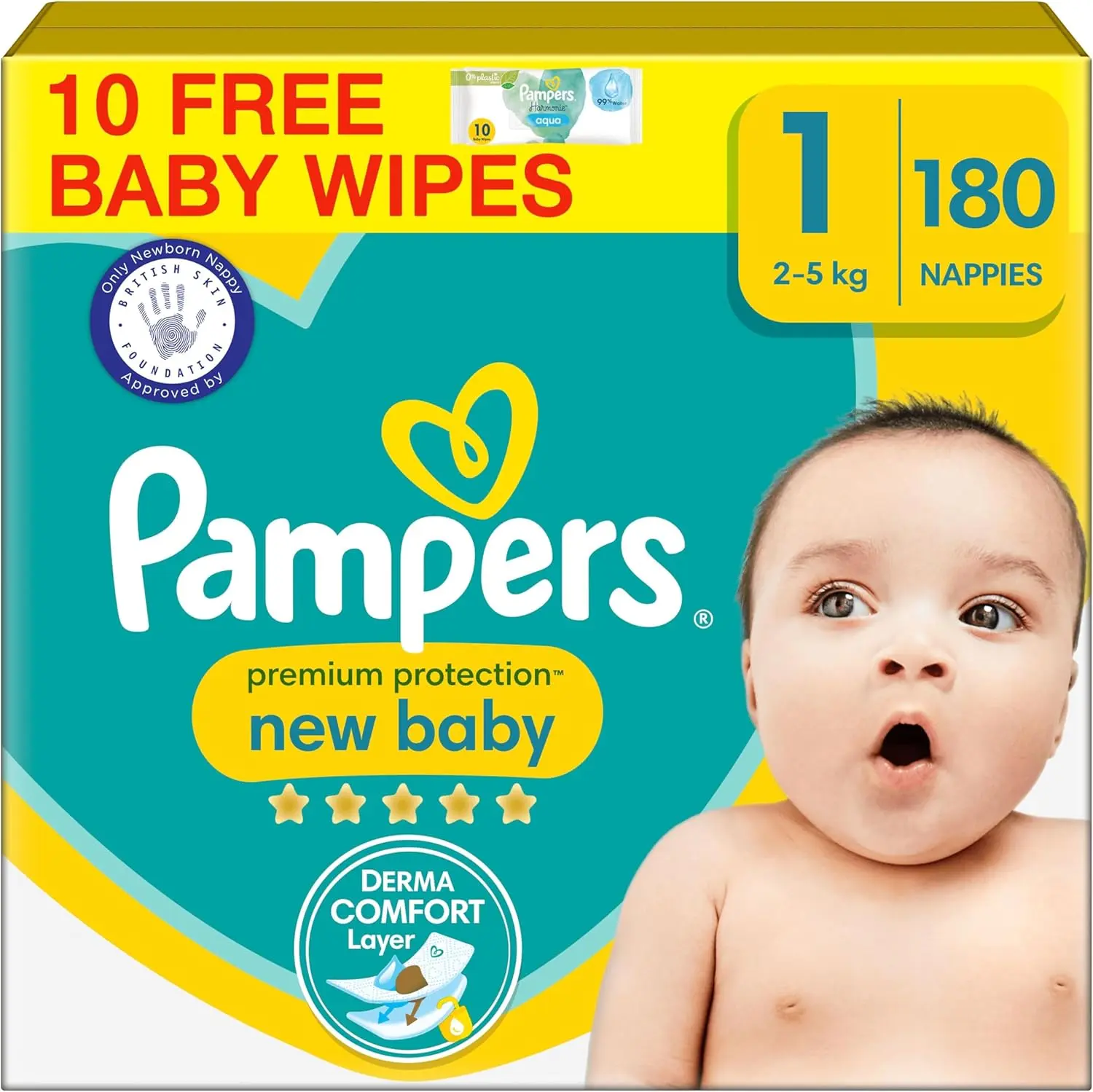 Pampers Premium Protection New Baby Size 1, 180 Nappies, 2kg-5kg, Monthly Pack + Pampers Harmonie Aqua Baby Wipes 10 Count, Packaging May Vary
