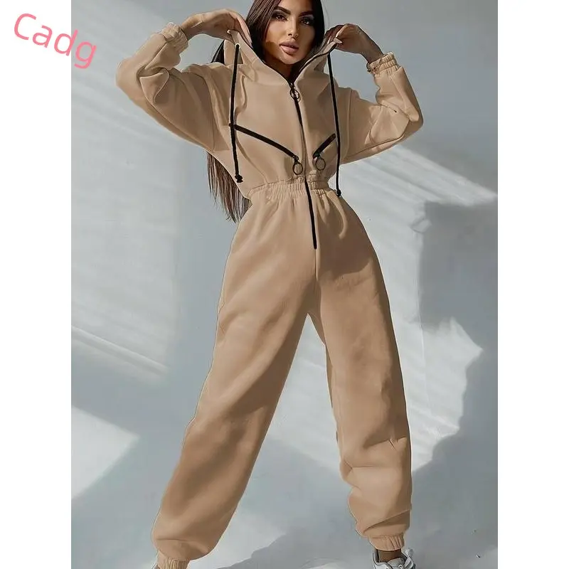 Women's Solid Drop Shoulder Drawstring Hooded Jumpsuit, Casual Long Sleeve Zipper Jumpsuit for Fall & Winter, Women's Clothes for Daily Wear 6