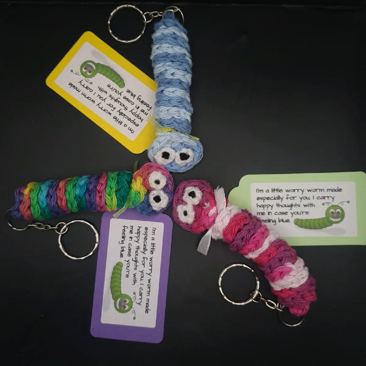 1 x Handmade Crochet Worry Worm Sensory Keyrings For Stress, Anxiety, SEN, Dementia