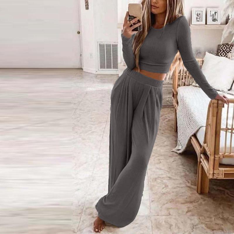 Solid Knitted Crop Top & Wide Leg Trousers Set 5