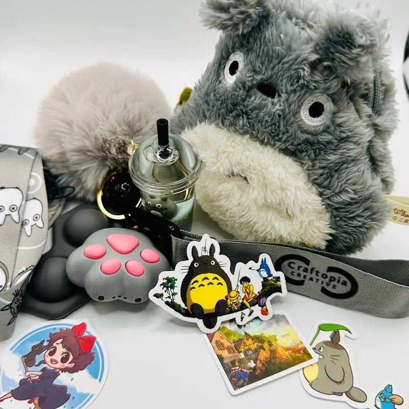 Craftopia Creative Anime Sensory Keychain Set with Totoro Plushie Fidget Pouch Purse LED Paw Clicker Popit Lanyard & Custom Wristlet Gift Set 2