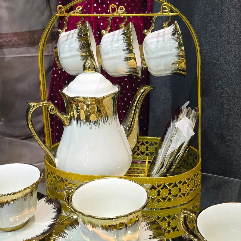 Elegant Turkish Ceramic Tea Set with Golden & Silver Accents and Stand for Tea Lovers - Teacup 0