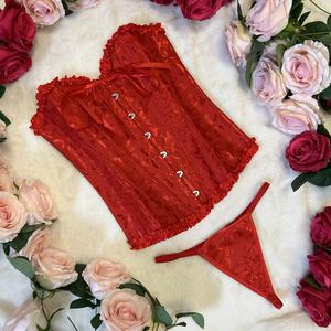 LILIOSA LINGERIE BE MINE High Quality Sexy Red Elegant Floral Satin Frill Tummy Control Adjustable Corset + Pants - non adjustable, Comfortable Everyday Casual Eyelet Fit Tube Lace Top, Comfortable Underwear Womenswear, Smooth Shaper Shapewear Outfits