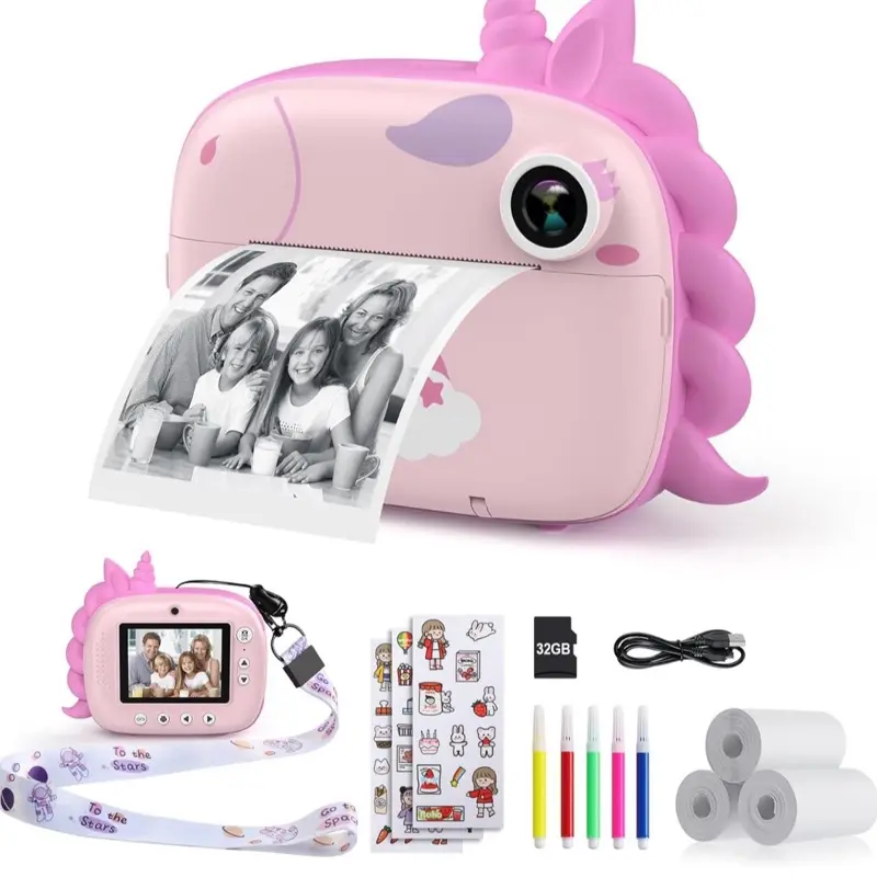 Kids Camera Instant Print, Digital Camera for Kids with No Ink Print Paper & 32G TF Card, Selfie Video Camera with Color Pens for DIY, Fun Gift for Girls Boys 3-14 Years Old (Pink)
