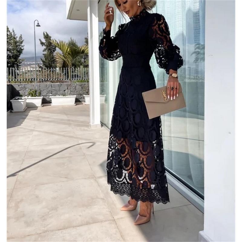 Lady Elegant New Lace Dress Stand Collar Lantern Long Sleeve Slim Vestidos Waist Temperament Fashion Office Commute Leisure Home 4
