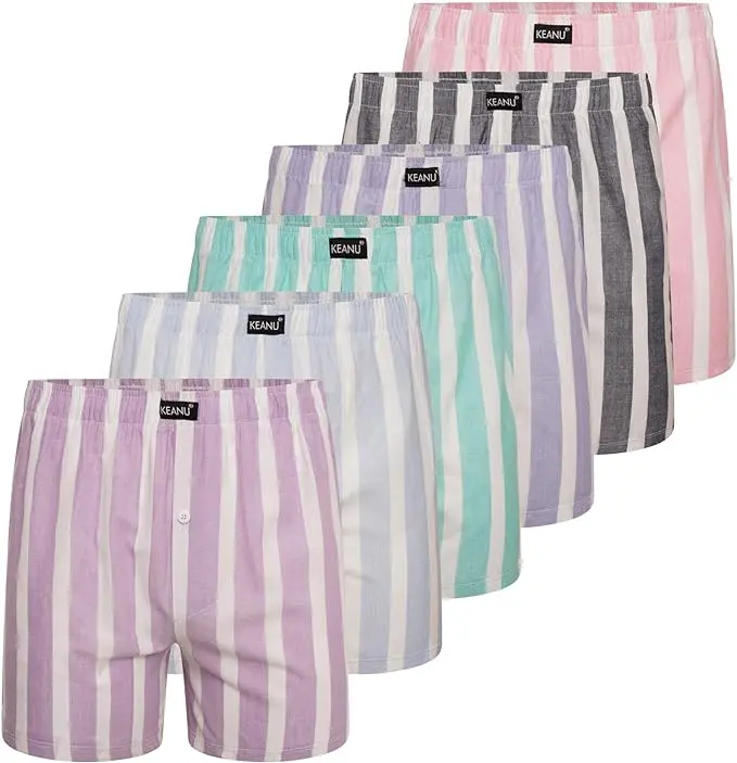 Keanu Mens 6 Pack Polycotton Woven Boxer Shorts Menswear Underwear Breathable Pastel Stretchy Stripe Big Nightwear