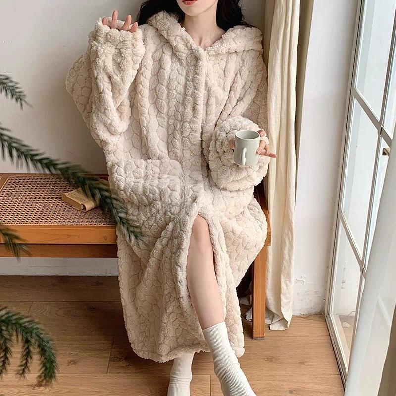 Pocket Robe for Women Sleepwear Winter Nightdress Night Wears Warm Fleece Pajama One Piece Nightgown Hooded Sleeping Homewear 2