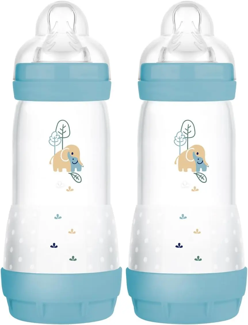 Easy Start Self Sterilising Anti-Colic Baby Bottle Pack of 2 (2 x 320 ml), MAM Bottles with Fast Flow MAM Teats Size 3, Reduced Colic Baby Bottle, Baby Essentials, Blue (Designs May Vary)
