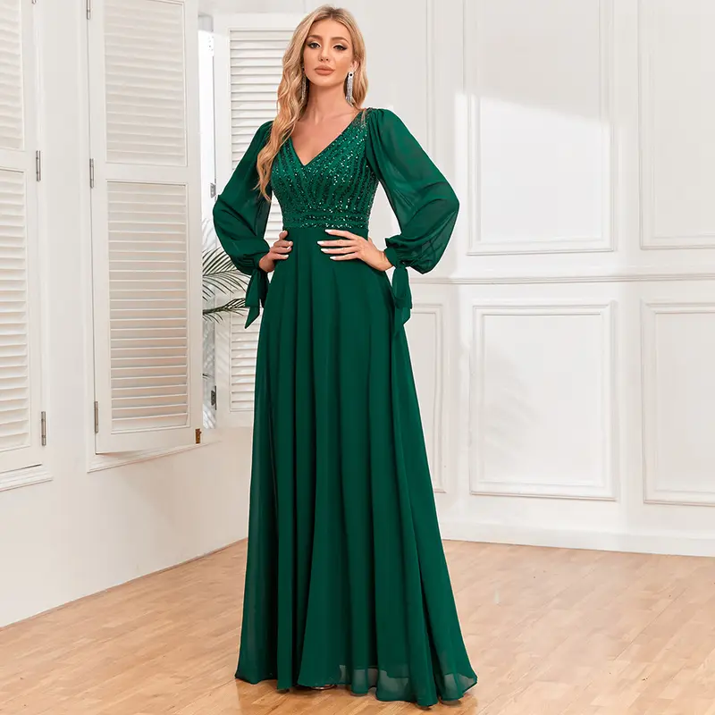 New long-sleeved lace-up high-quality double V-neck bead splicing chiffon A-shaped large pendulum fully lined party evening dress 5