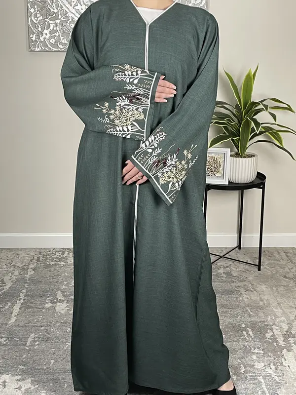 Forest Green Open Linen Abaya with Embroidered Sleeves 0
